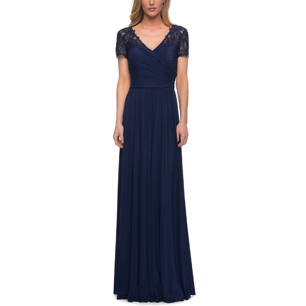 La Femme 29772 Floral Embroidered Ruched Back Jersey Gown Size 10